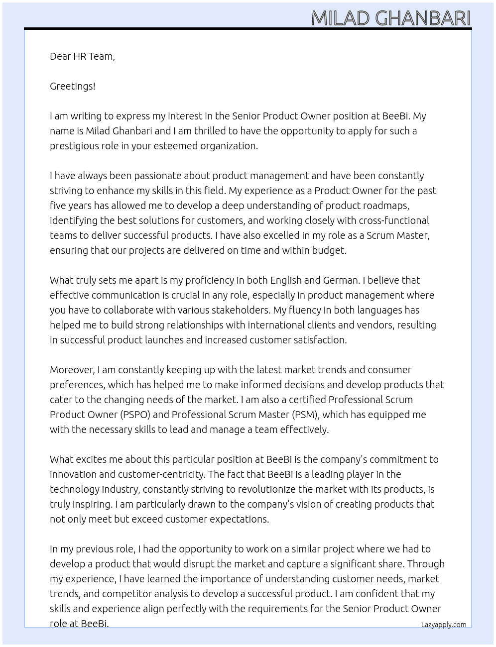 Senior Product Owner At BeeBi  Cover Letter