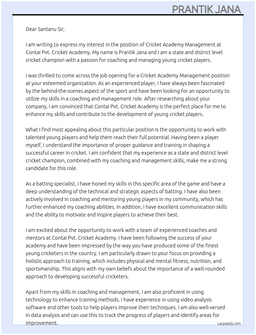 Cover letter for cricket academy management - LazyApply