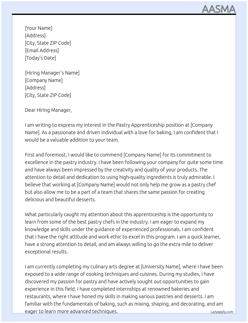 Cover letter for pastry apprenticeship - LazyApply