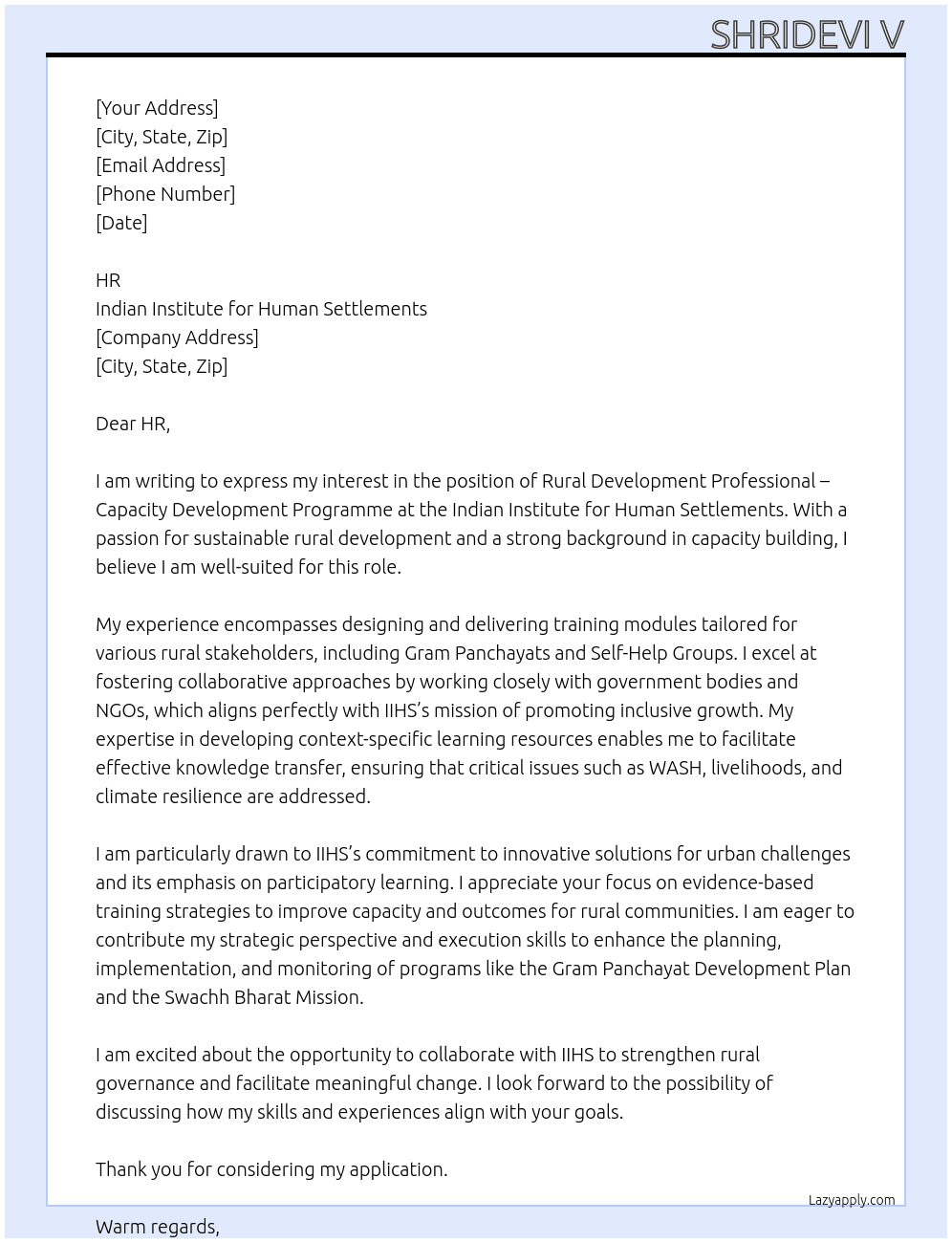 Rural Development Professional – Capacity Development Programme  At Indian Institute for Human Settlements Cover Letter