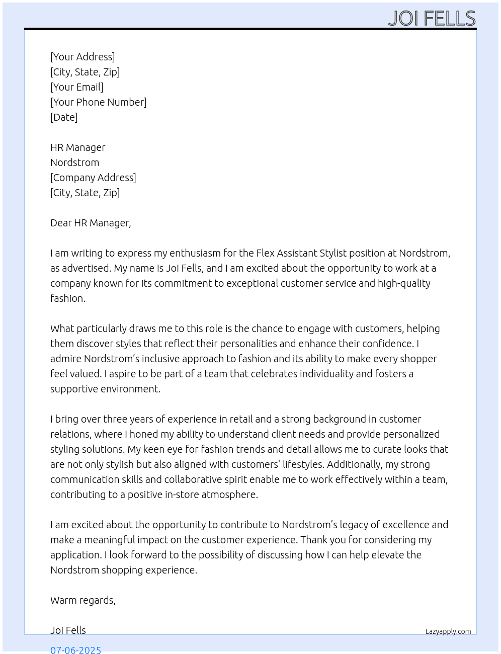 Flex Assistant Stylist At Nordstrom Cover Letter