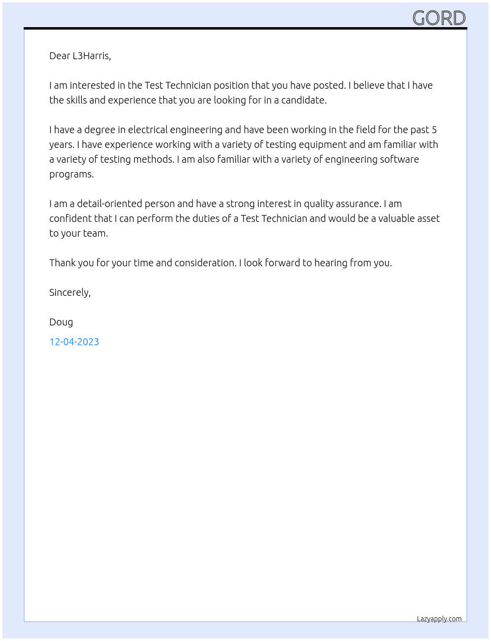 Test Technician At L3Harris Cover Letter