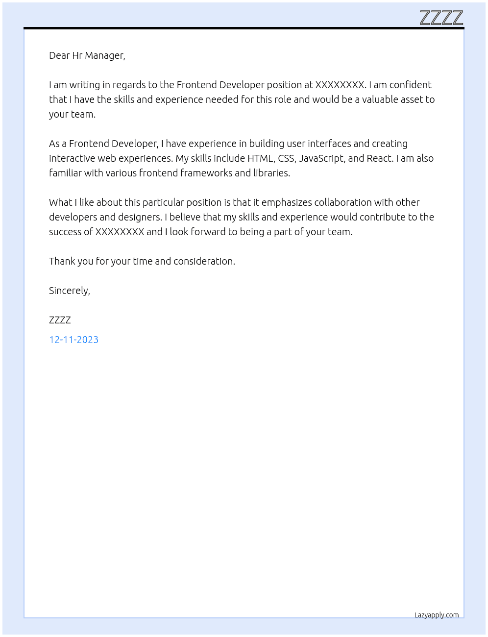 Frontend Developer At XXXXXXXX Cover Letter