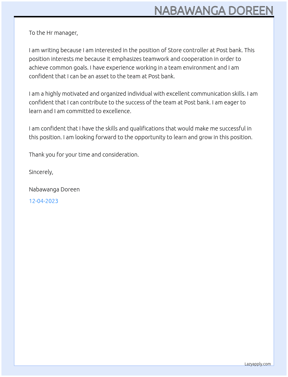 Store controller  At Post bank  Cover Letter