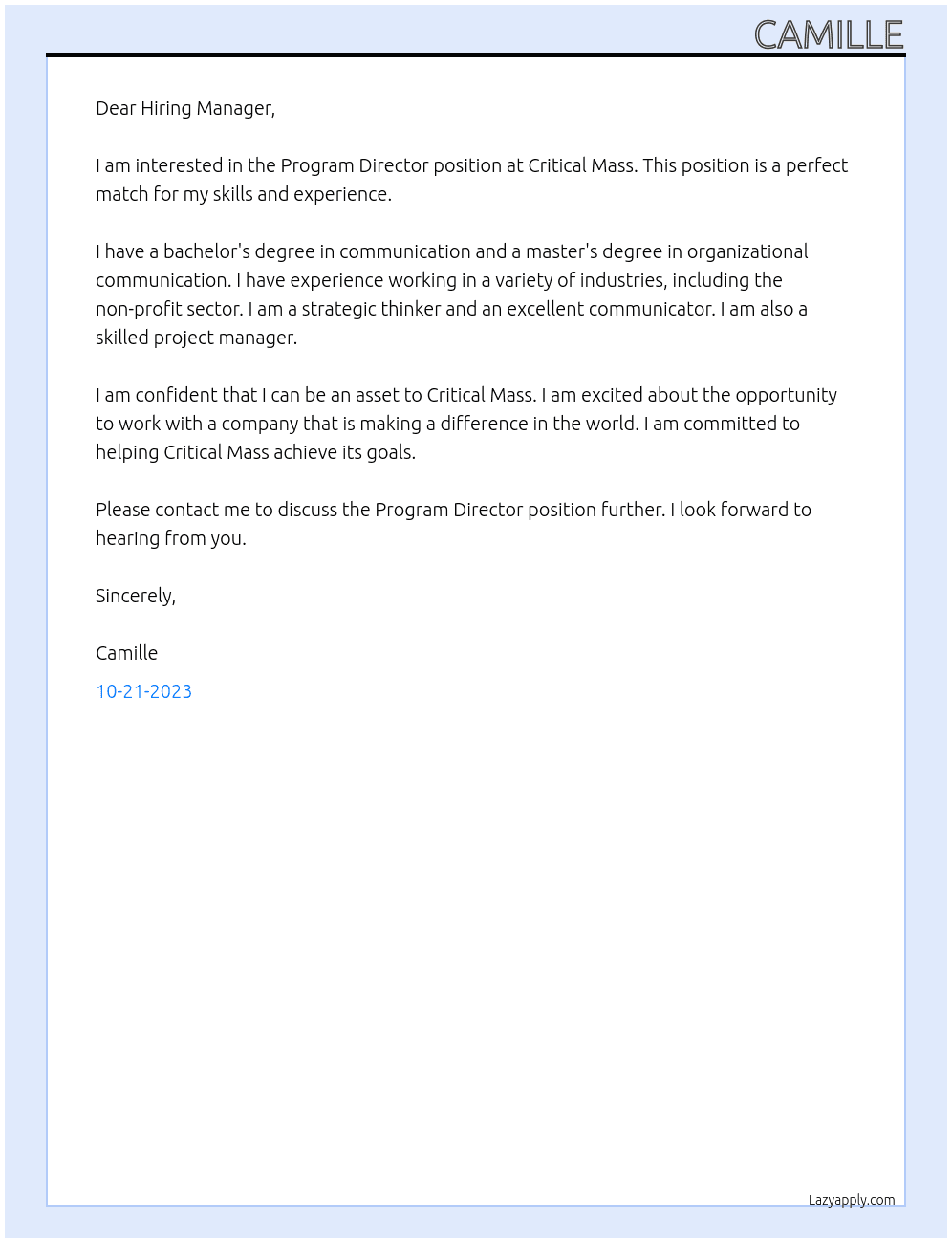 Program Director At Critical Mass Cover Letter