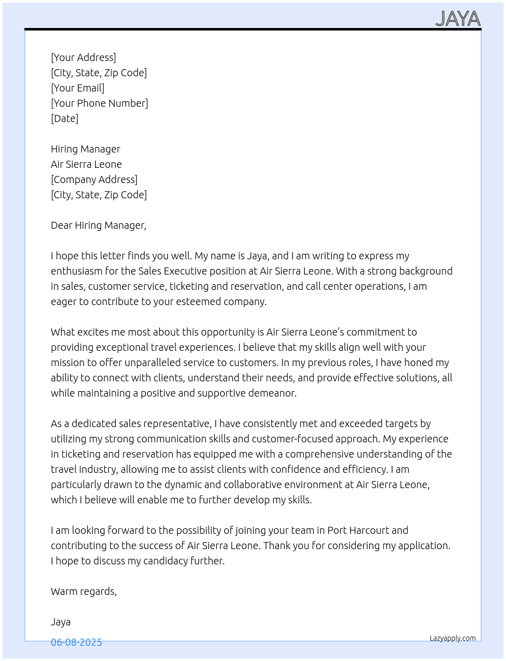 Sales Executive At Air Sierra Leone Cover Letter