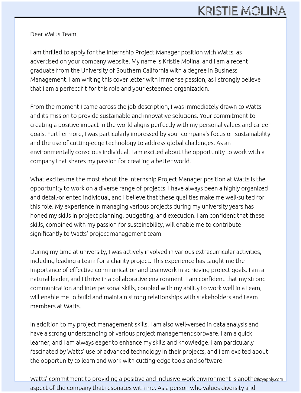 Internship Project manager At Watts Cover Letter