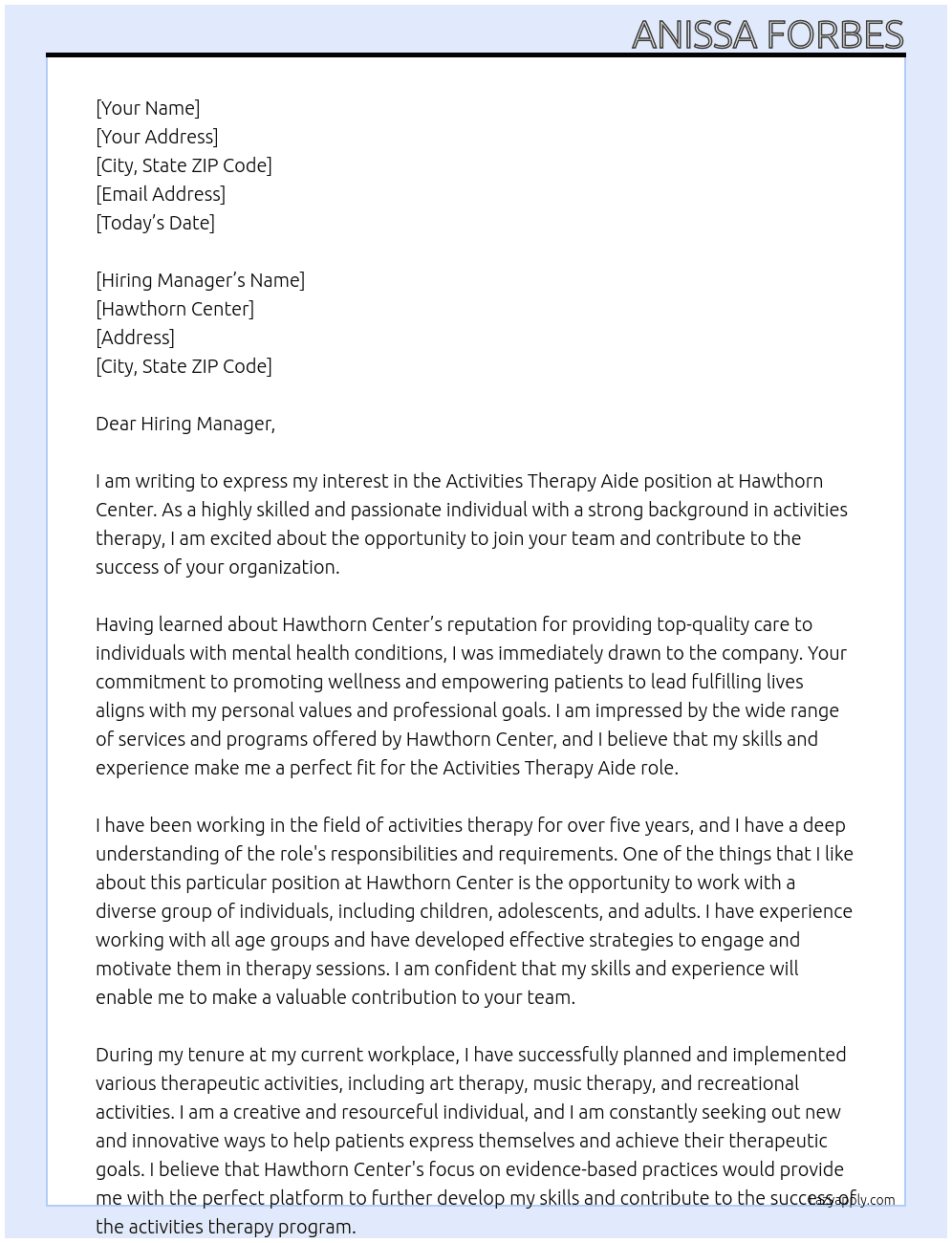 Activities Therapy Aide At Hawthorn Center Cover Letter