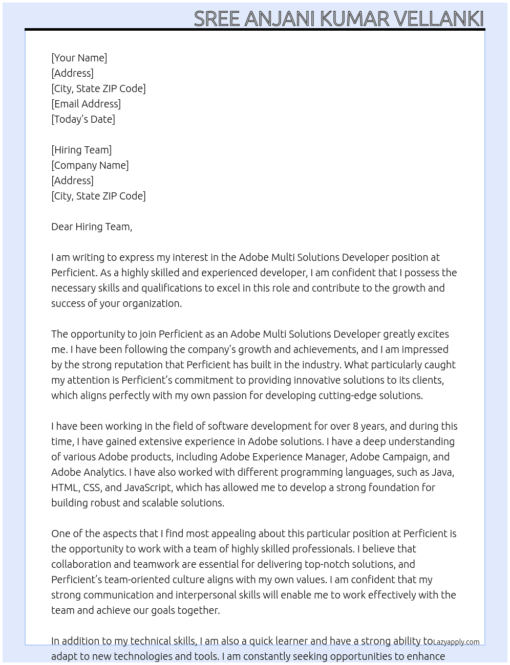Adobe Multi Solutions Developer At Perficient Cover Letter