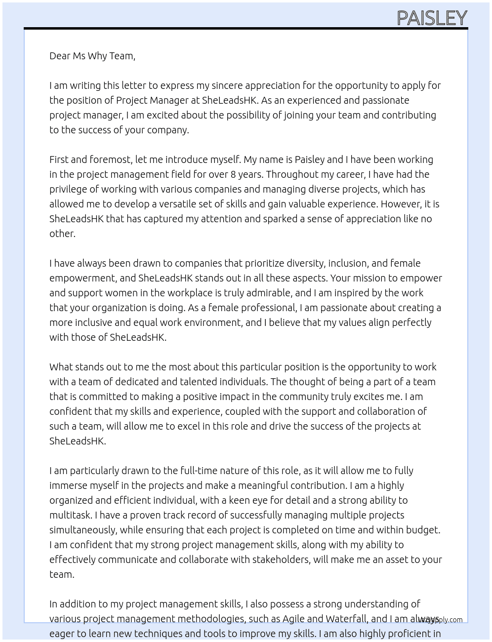 project manager At SheLeadsHK Cover Letter