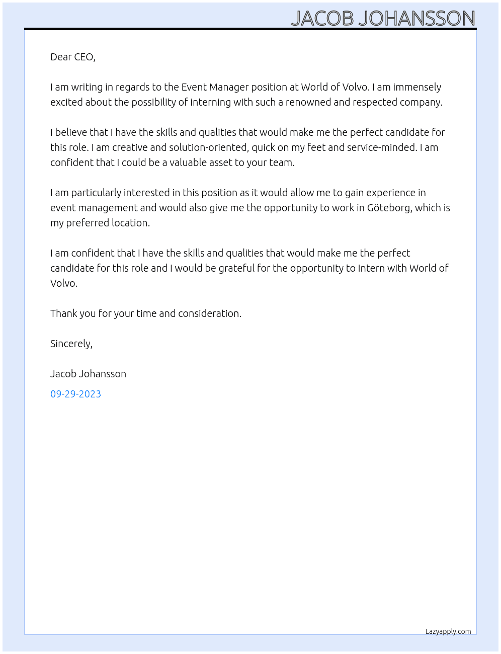 Event manager At World of Volvo Cover Letter