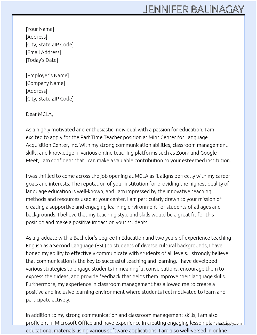 teacher At Mint Center for Language Acquisition Center, Inc.  Cover Letter