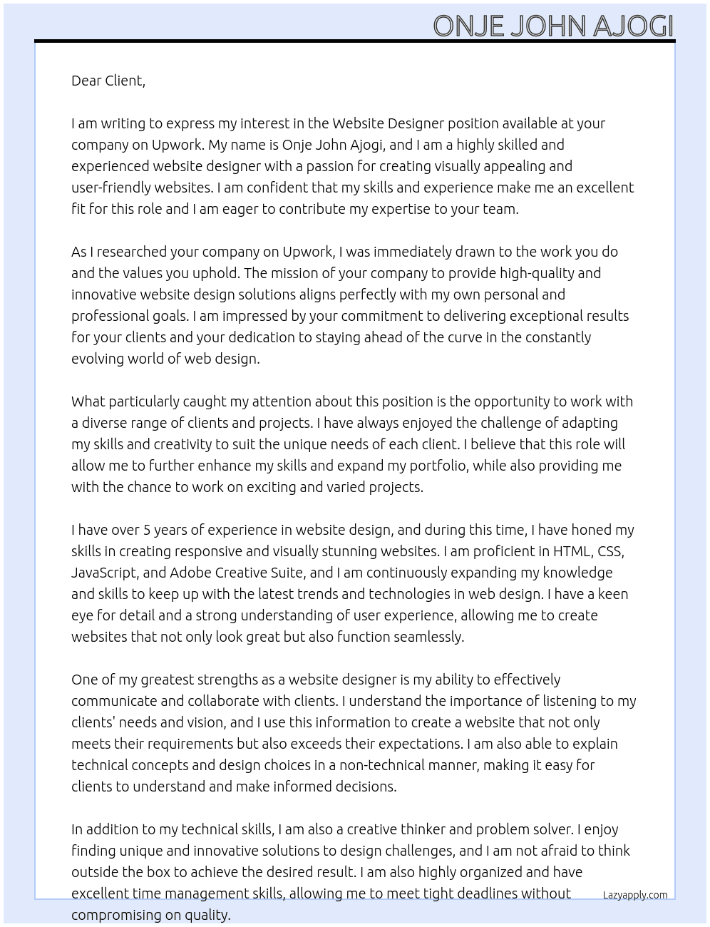 Website Designer At A client on up work  Cover Letter