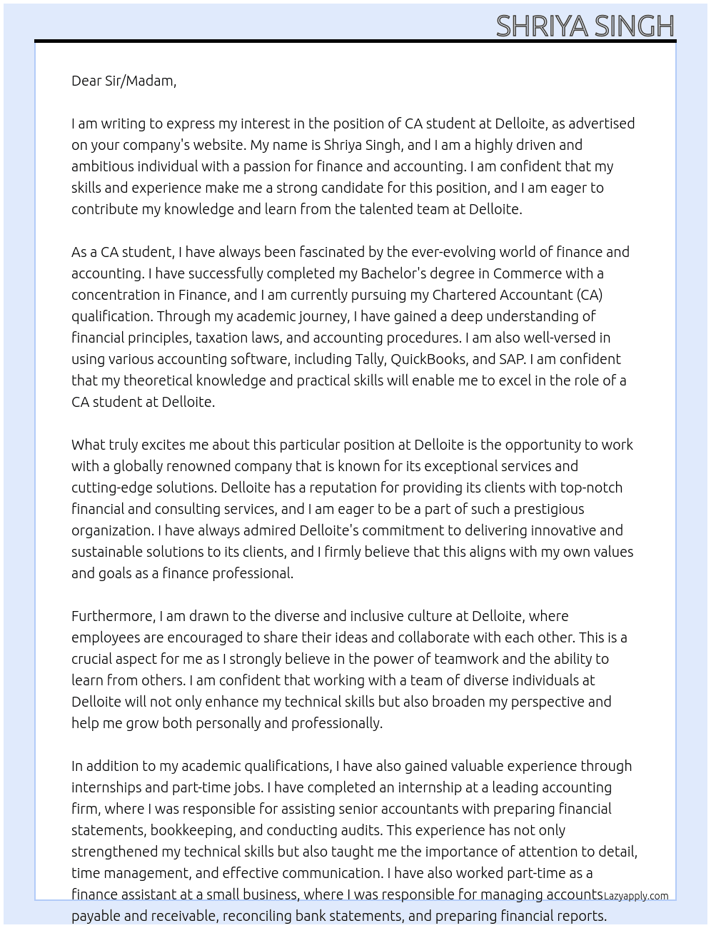 Cover letter for ca student - LazyApply