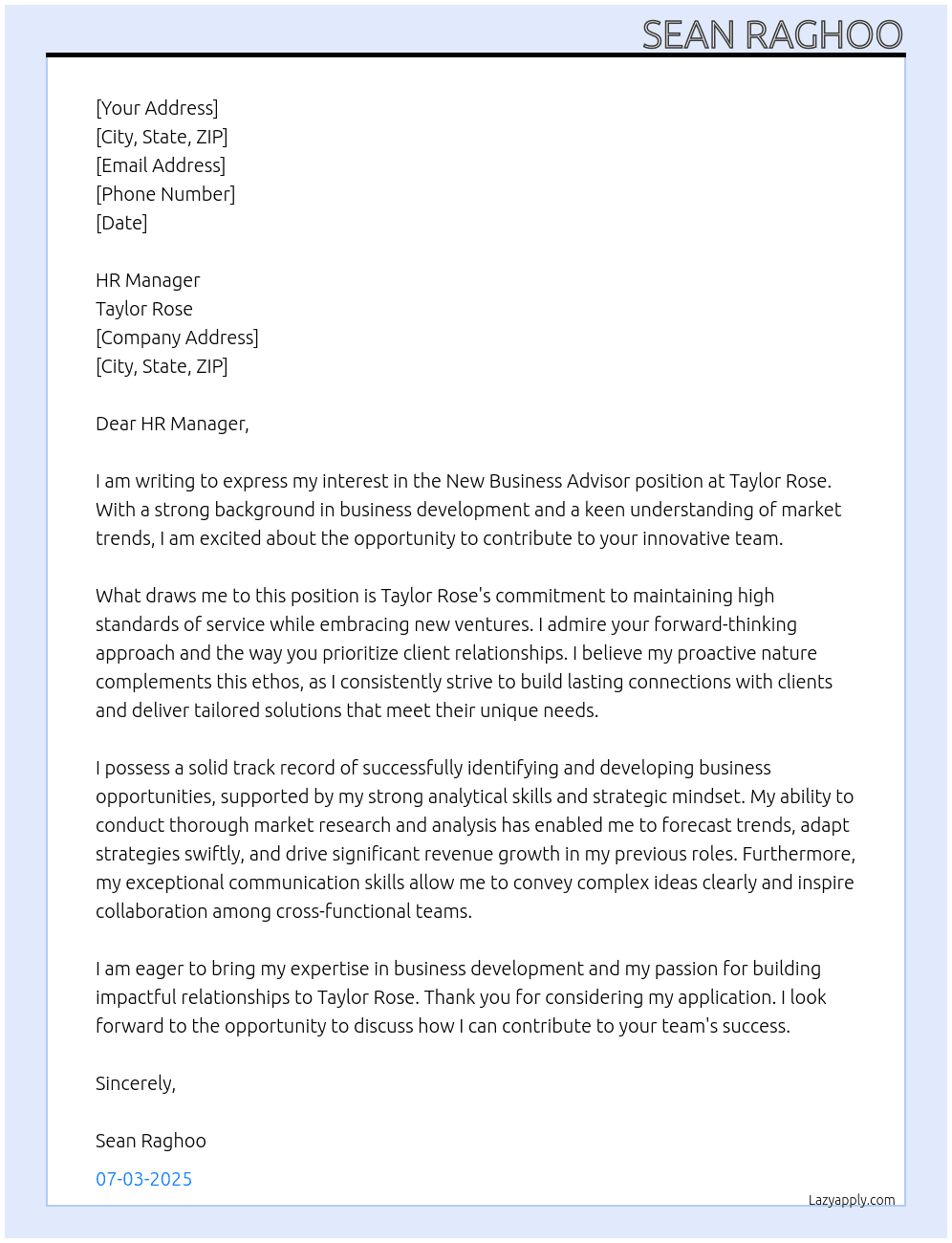 New Business Advisor At Taylor Rose Cover Letter