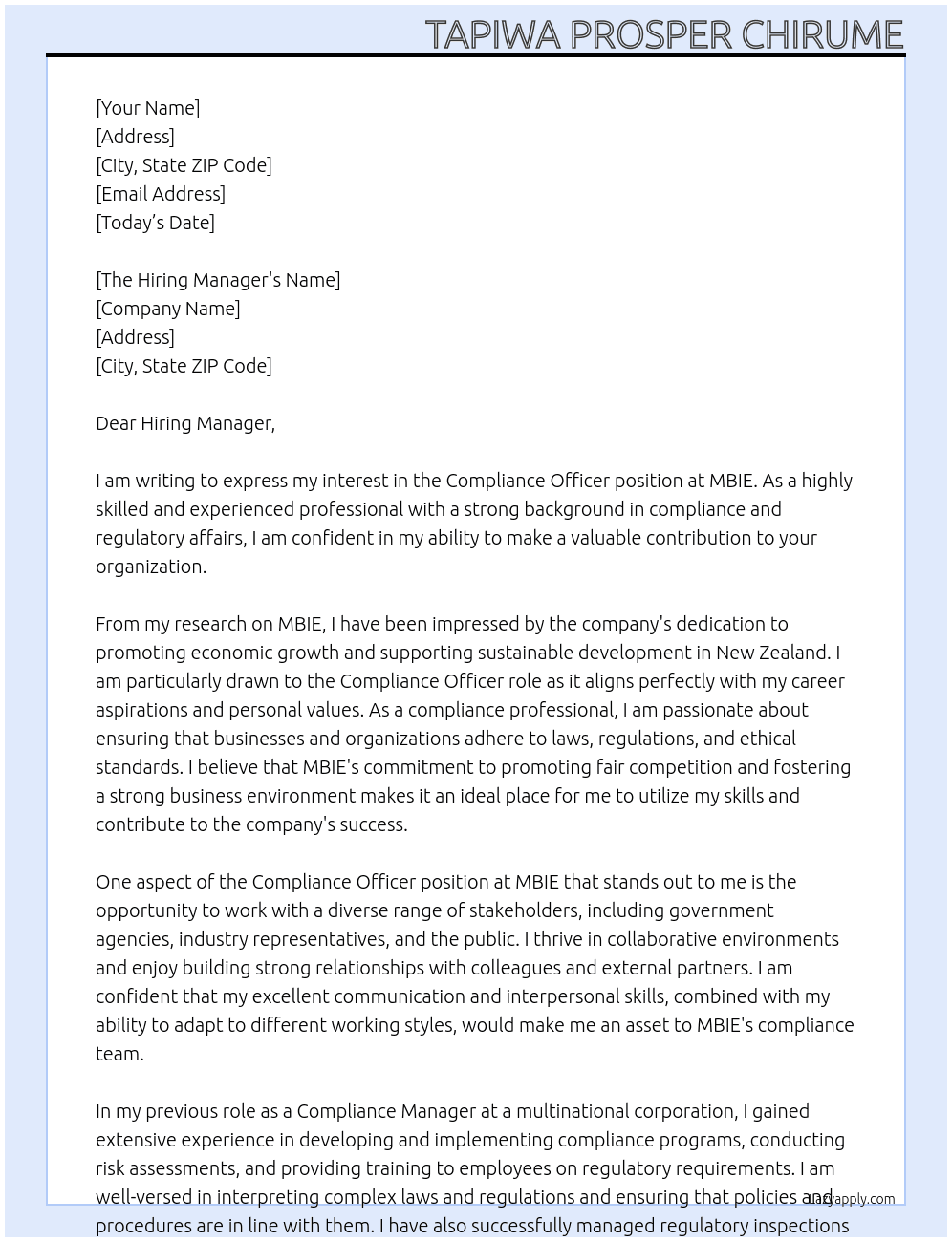 Comliance Pfficer At MBIE Cover Letter