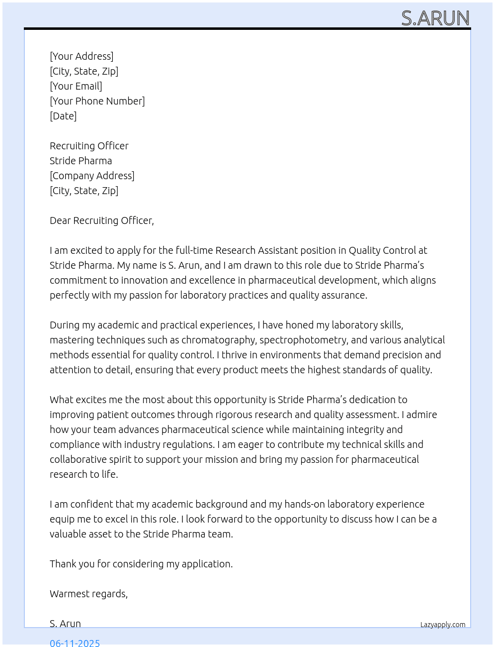 Reasearch assistant, quality control  At Stride pharma Cover Letter