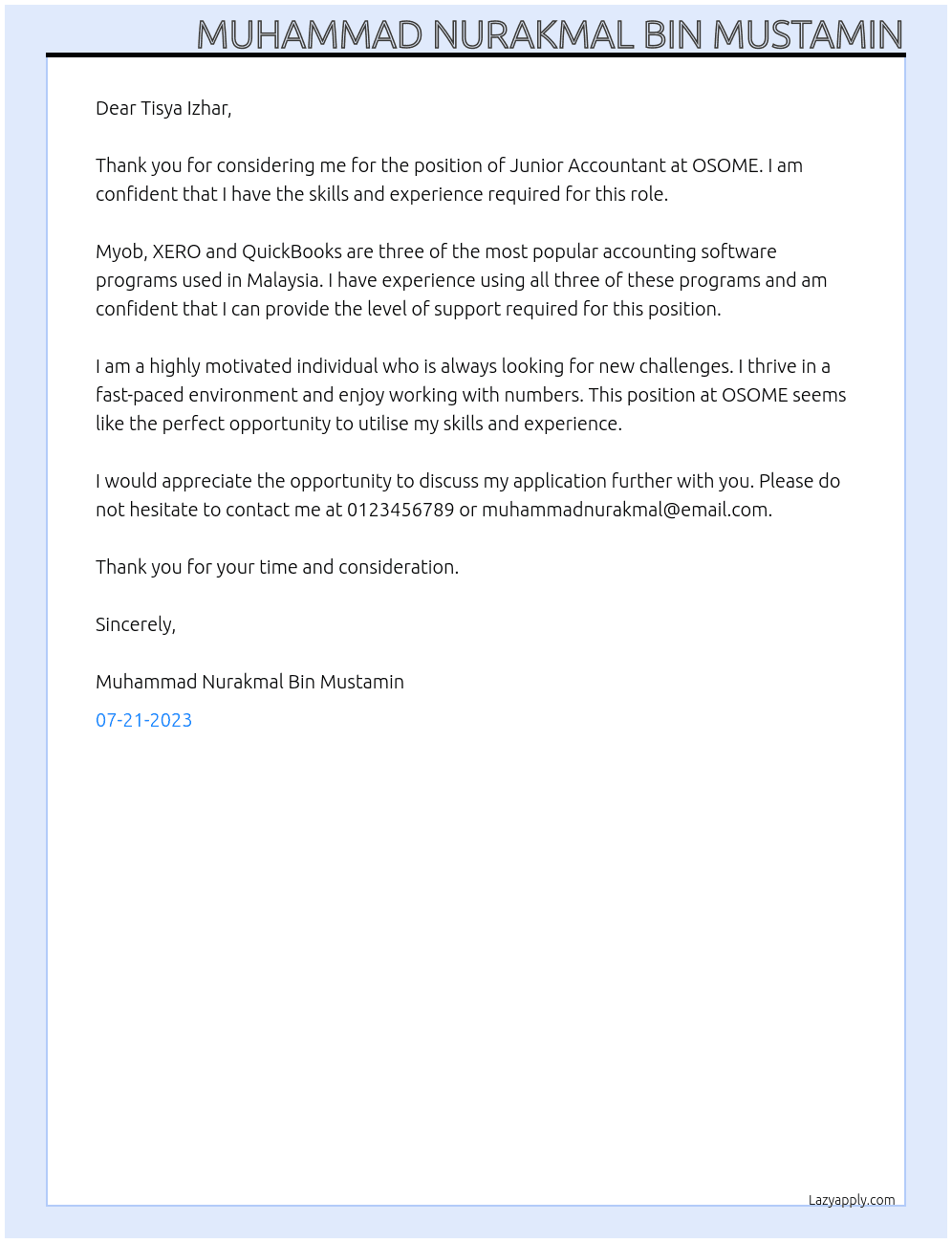 Junior Accountant At OSOME Cover Letter