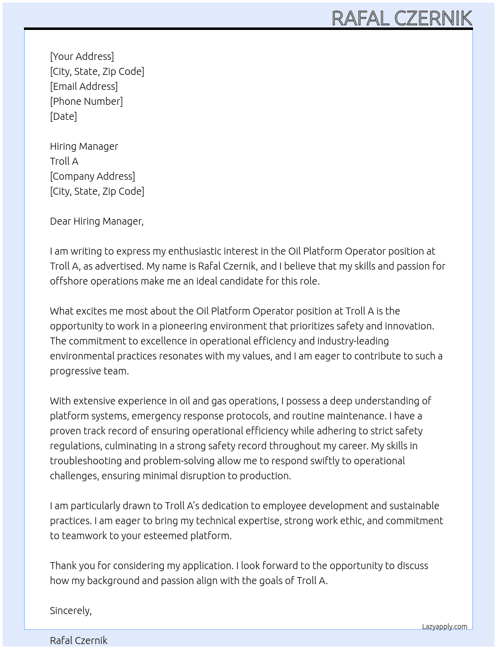 Cover letter for oil platform operator - LazyApply