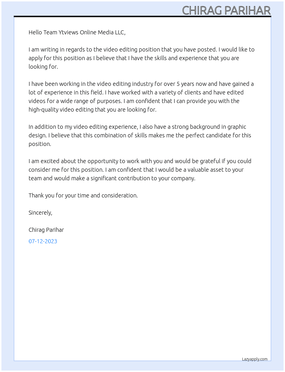video editing  At Team Ytviews Online Media LLC Cover Letter