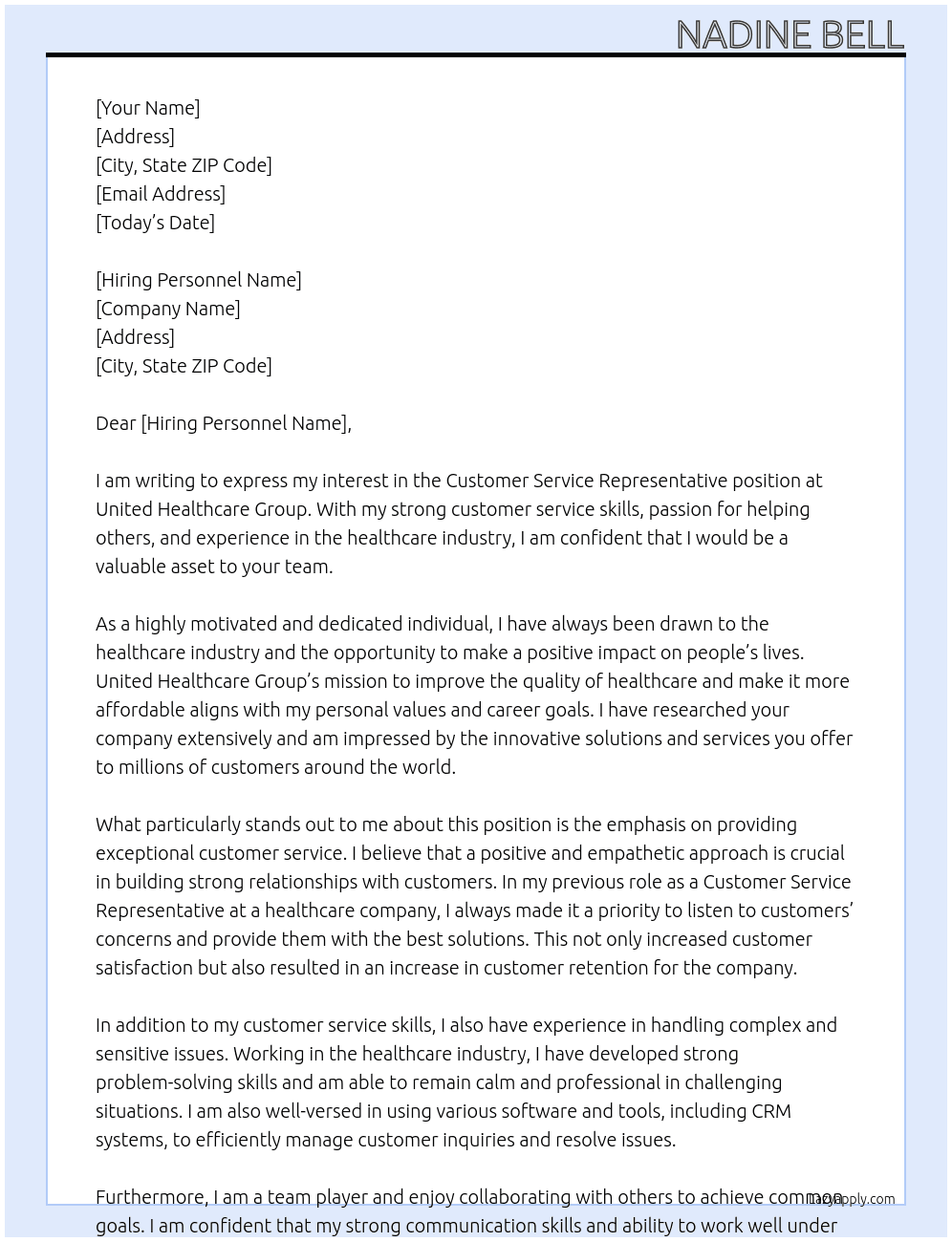 Customer service representative  At United Healthcare Group Cover Letter