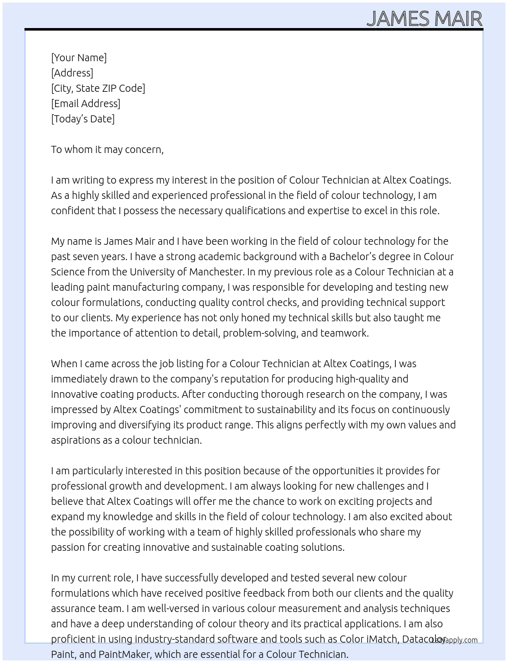 Colour technician At Altex Coatings Cover Letter