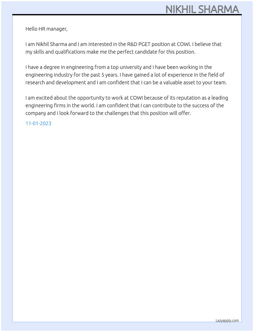R&D PGET At COWI Cover Letter