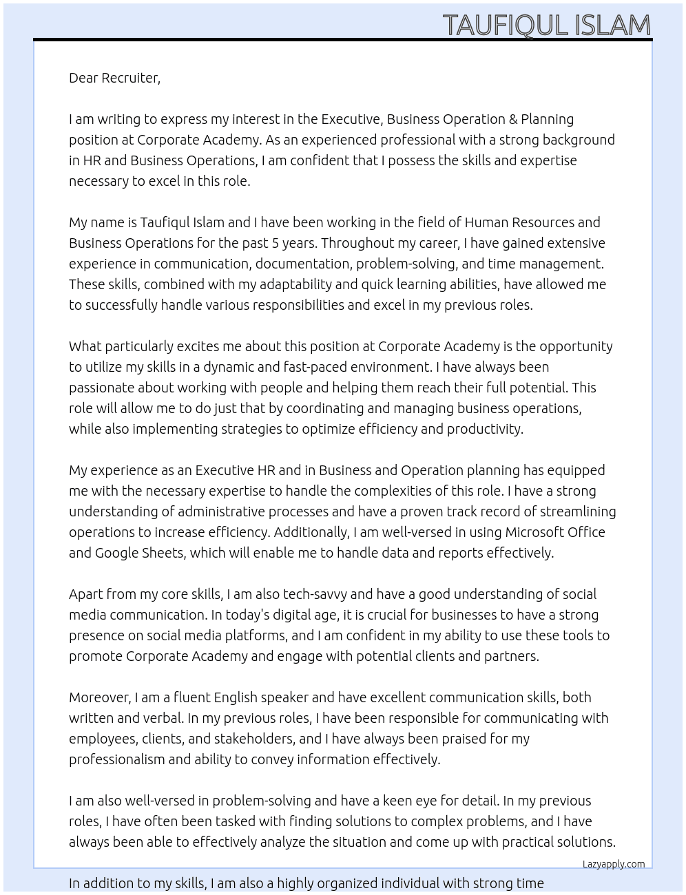 Executive, Business Operation & Planning. At Corporate Academy Cover Letter