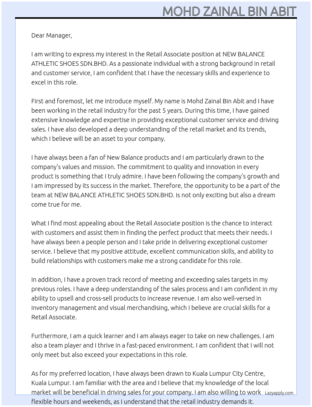 Applying for Retail Associate At NEW BALANCE ATHLETIC SHOES SDN.BHD. Cover Letter