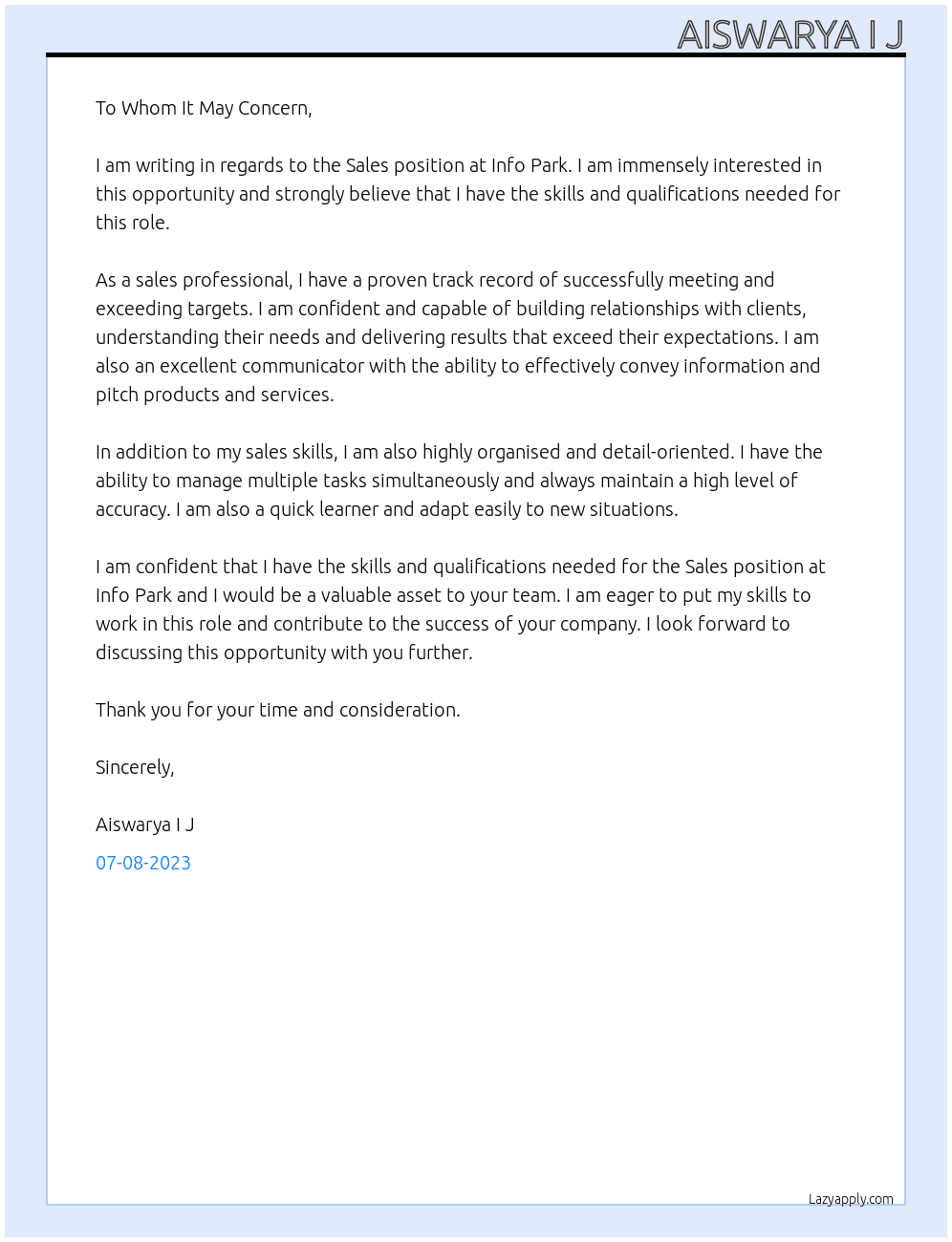 sales At Info Park Cover Letter