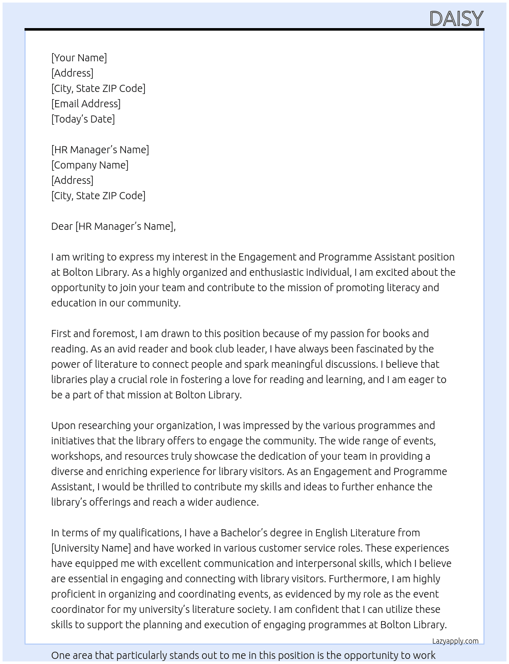 engagement and programme assistant At Bolton Library Cover Letter