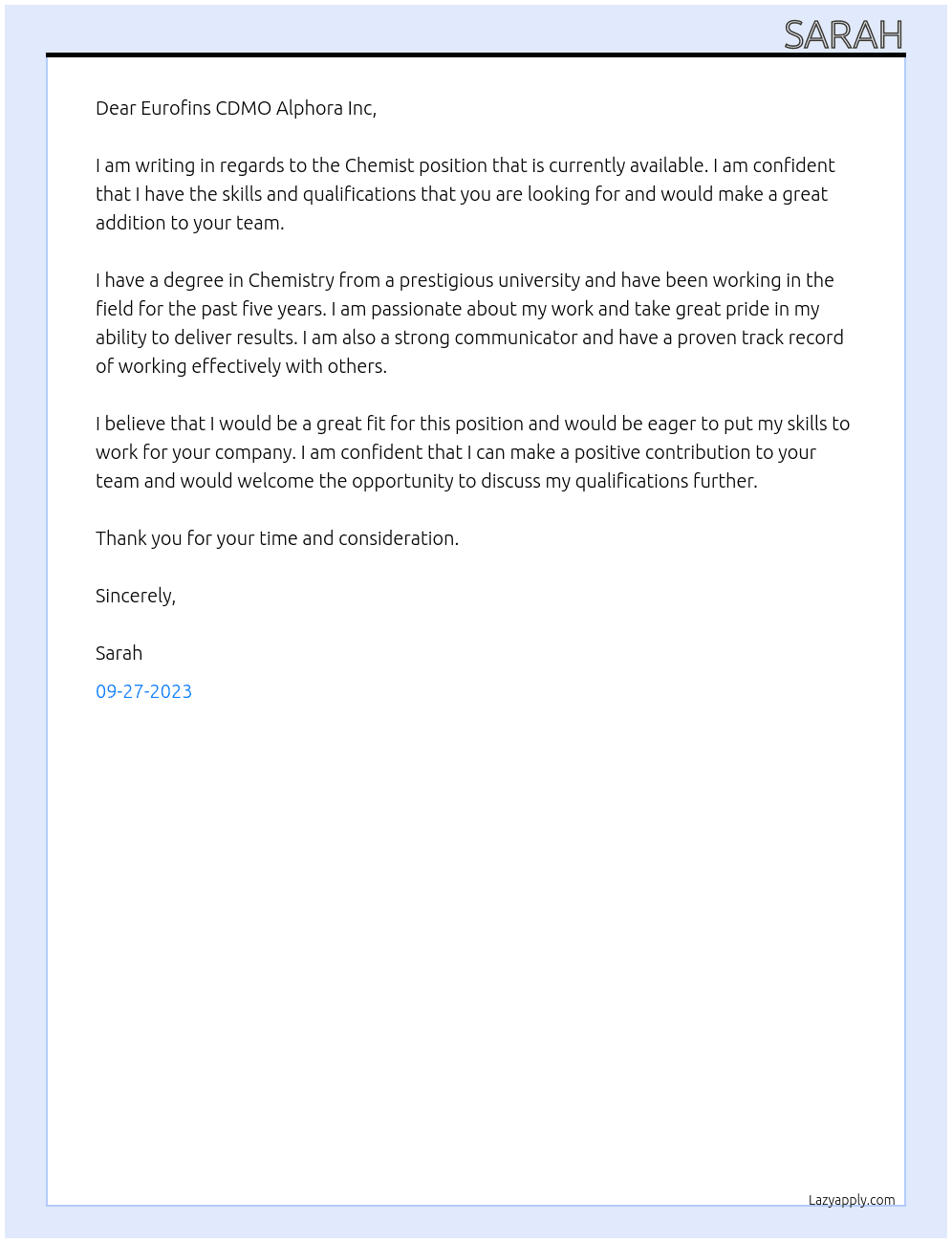 Chemist At Eurofins CDMO Alphora Inc Cover Letter