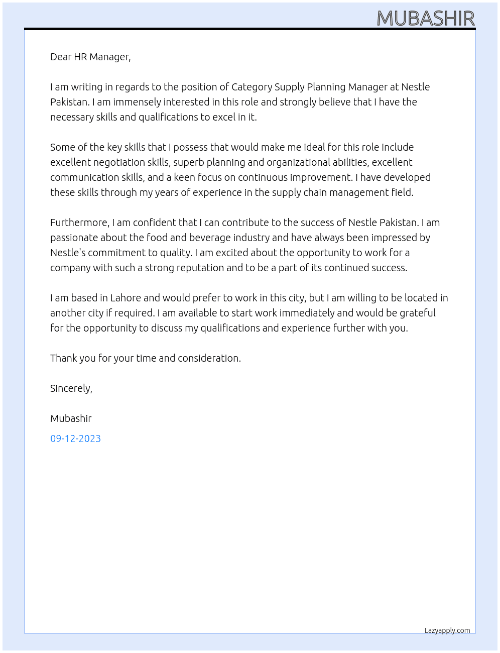 Category Supply Planning Manager At Nestle Pakistan Cover Letter