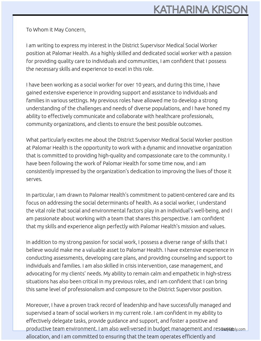 District Supervisor Medical Social Worker At Palomar Health Cover Letter
