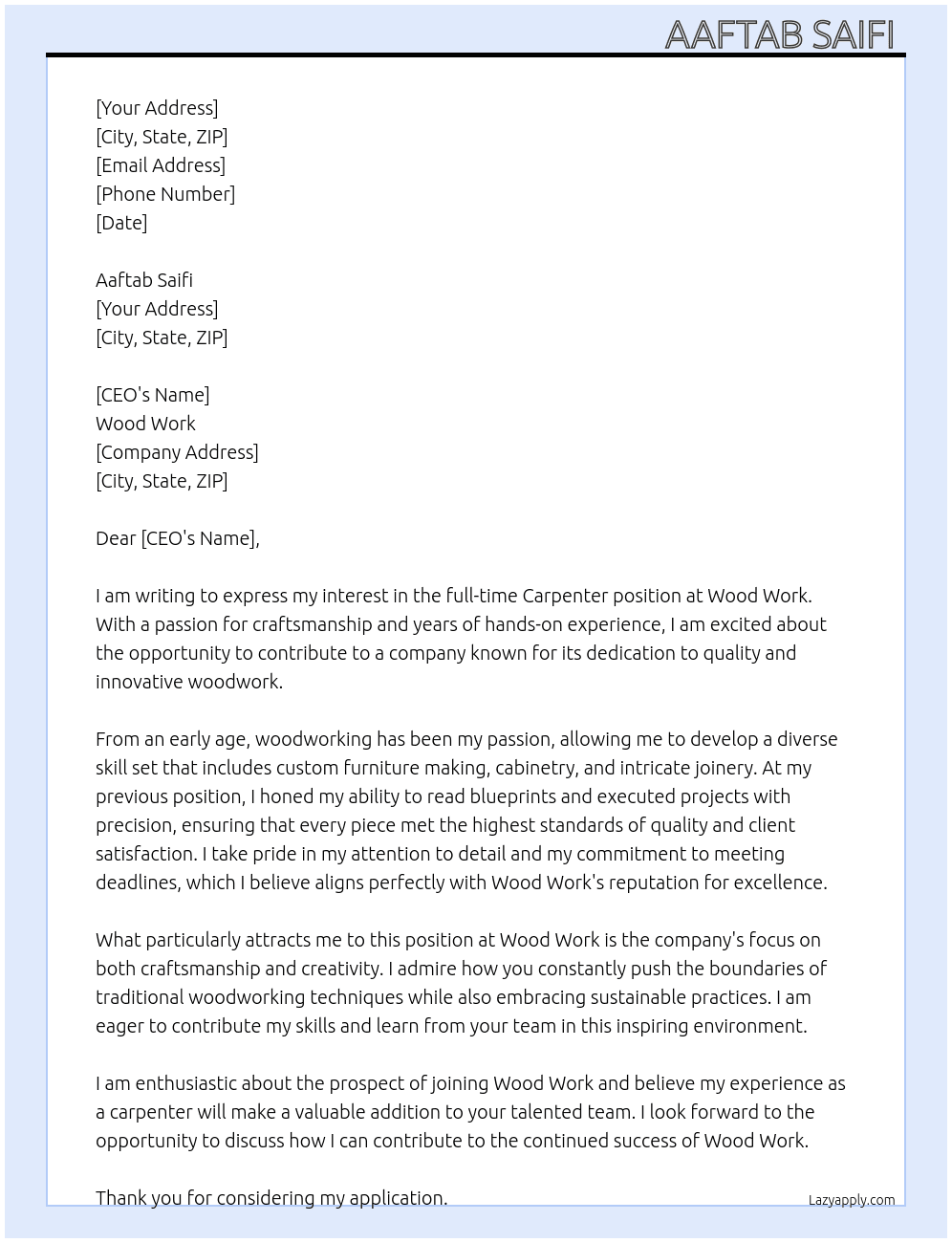 Carpenter  At Wood work Cover Letter