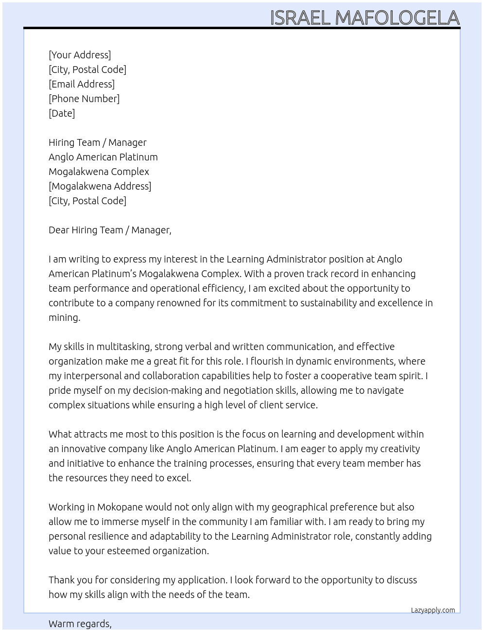 Cover letter for learning administrator - LazyApply