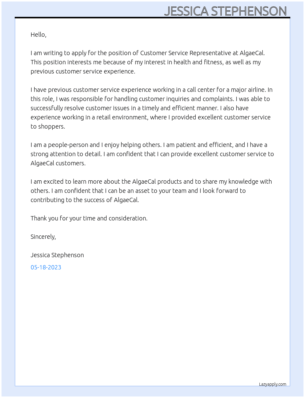 Customer Service Representative  At AlgaeCal Cover Letter