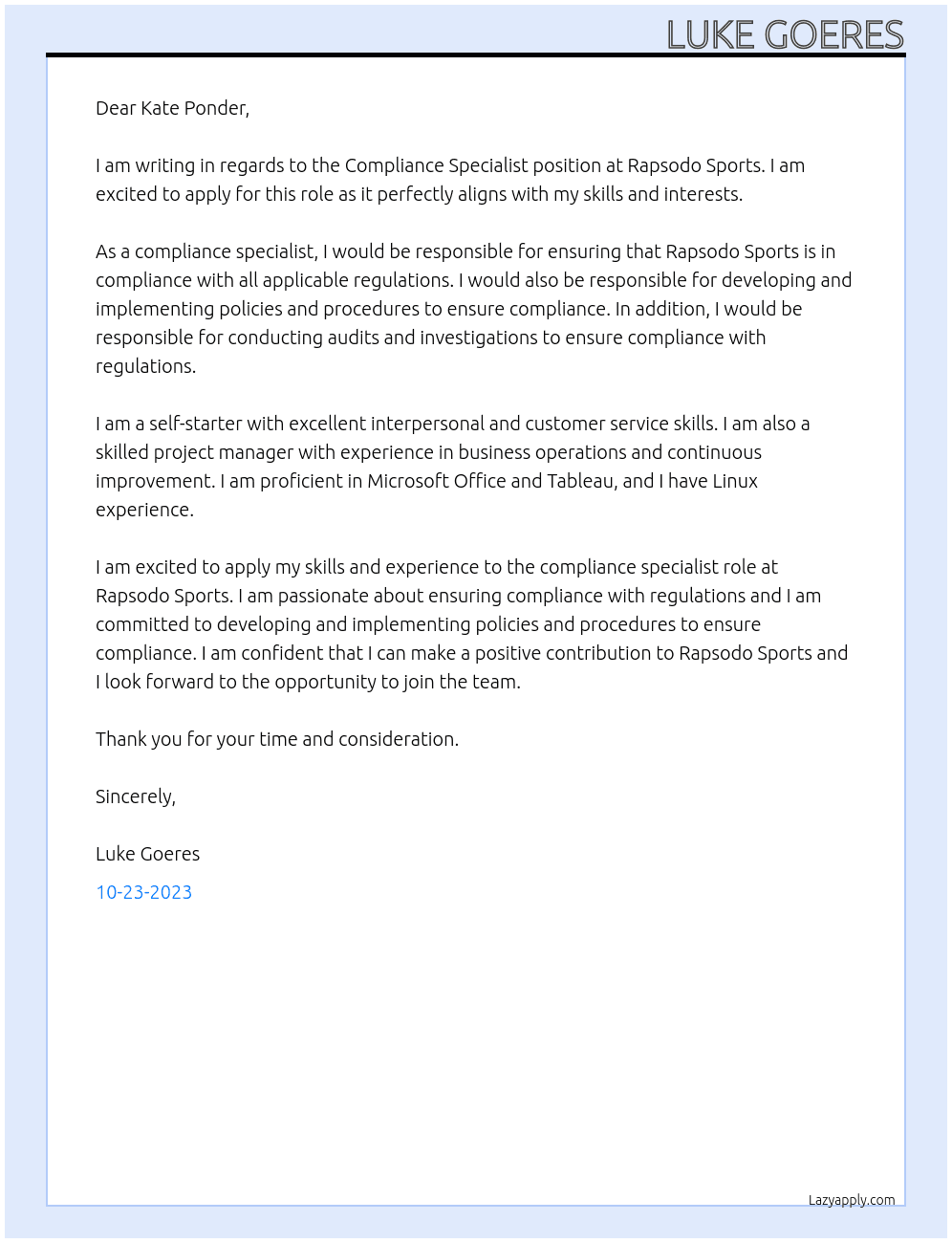 Compliance Specialist  At Rapsodo Sports Cover Letter