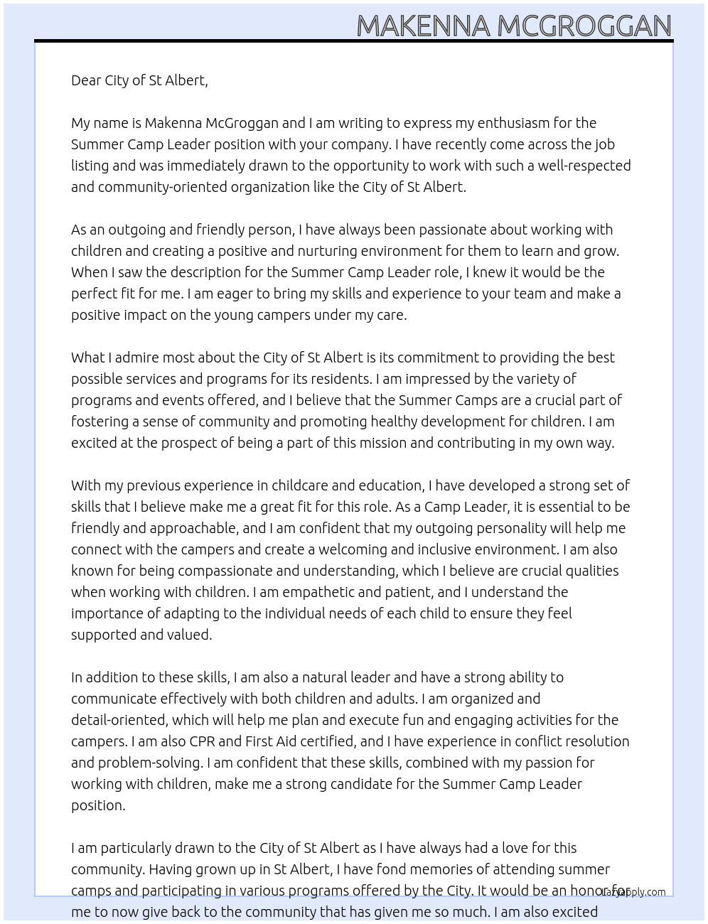summer camp leader  At City of St Albert  Cover Letter