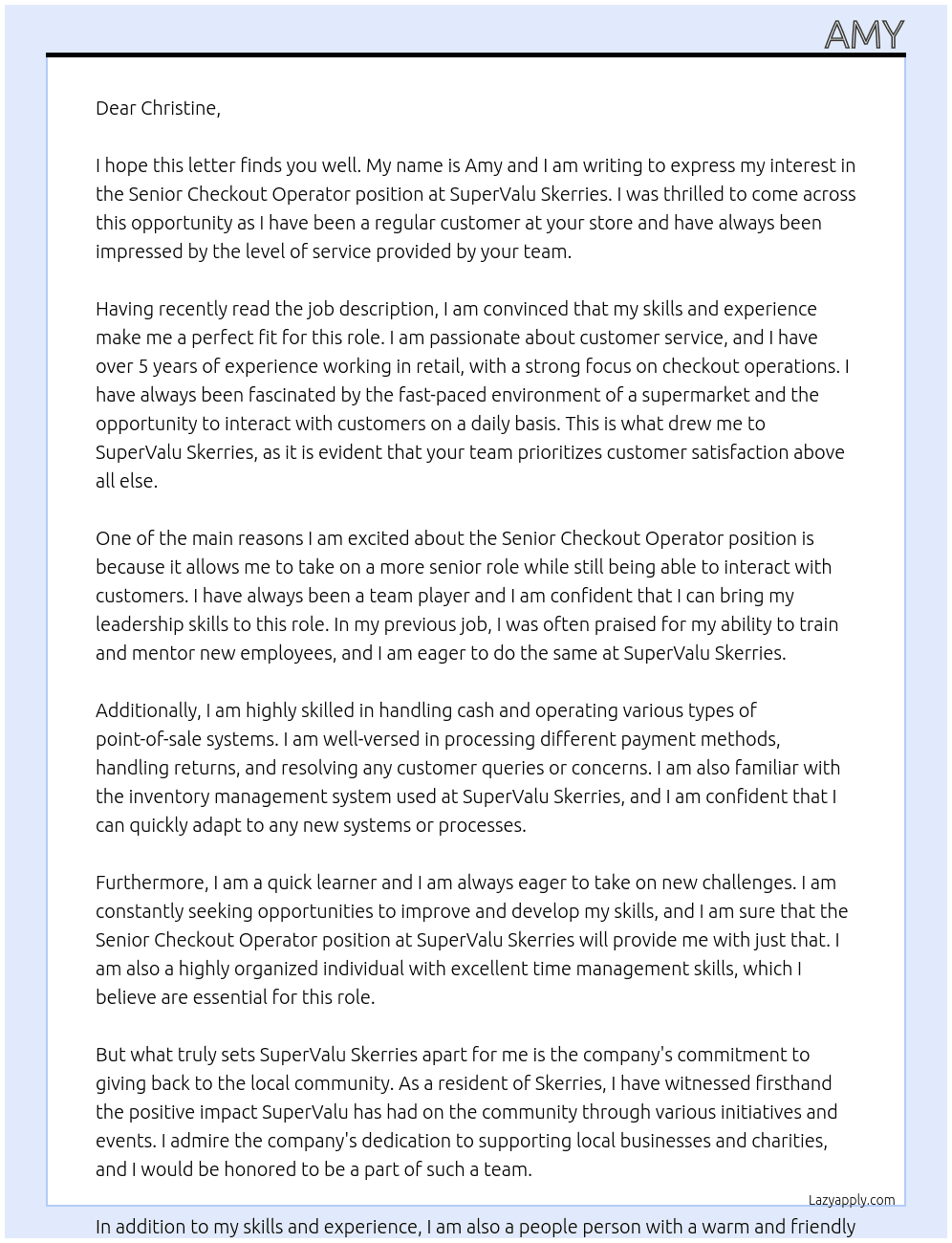 Senior Checkout operator At SuperValu Skerries Cover Letter
