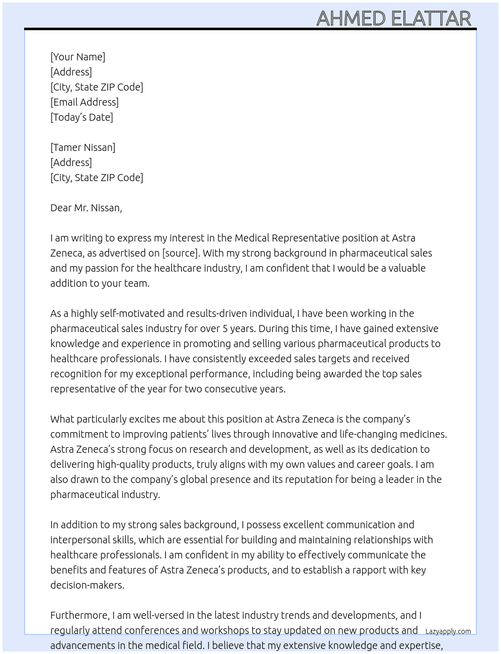 Medical representative  At Astra zeneca  Cover Letter