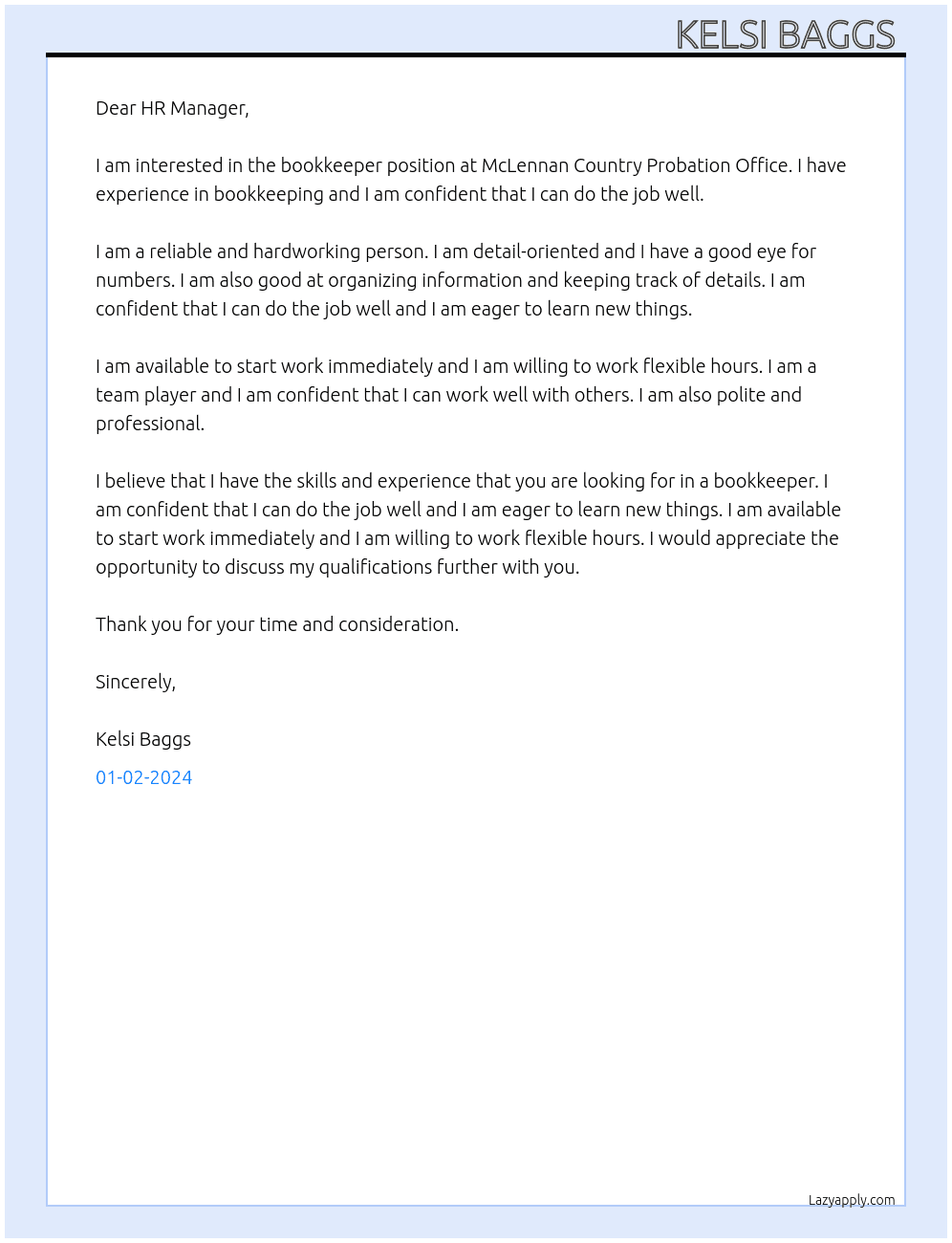 Bookkeeper  At McLennan Country Probation Office Cover Letter