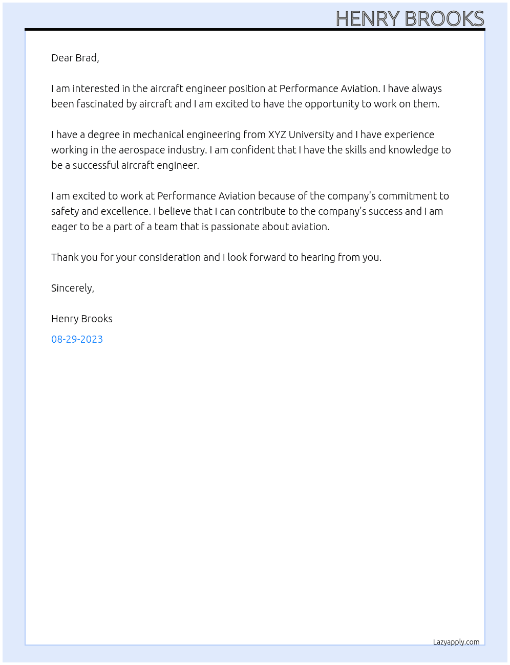 Aircraft engineer At Performance aviation Cover Letter