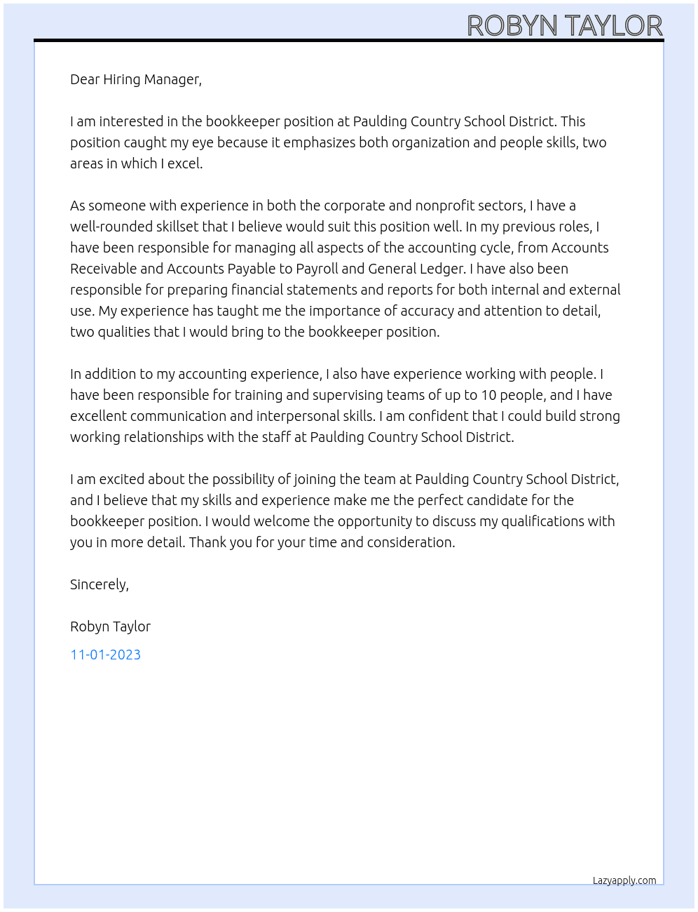 Bookkeeper At Paulding Country School District Cover Letter