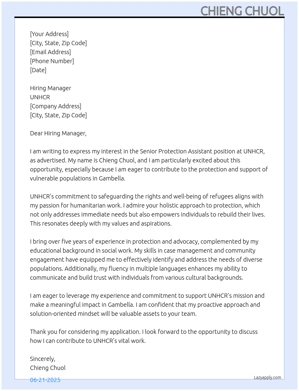 Senior Protection Assistant At UNHCR Cover Letter