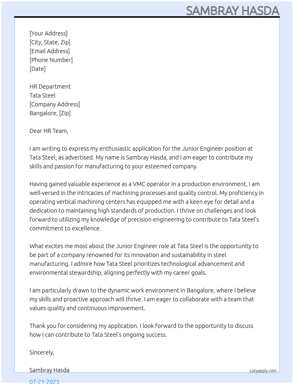 Junior Engineer At Tata Steel Cover Letter