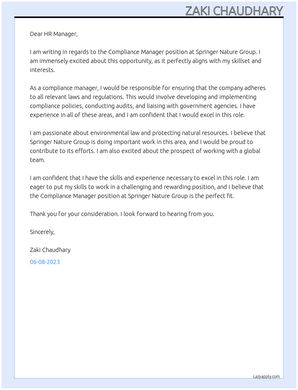Compliance Manager At Springer Nature Group Cover Letter