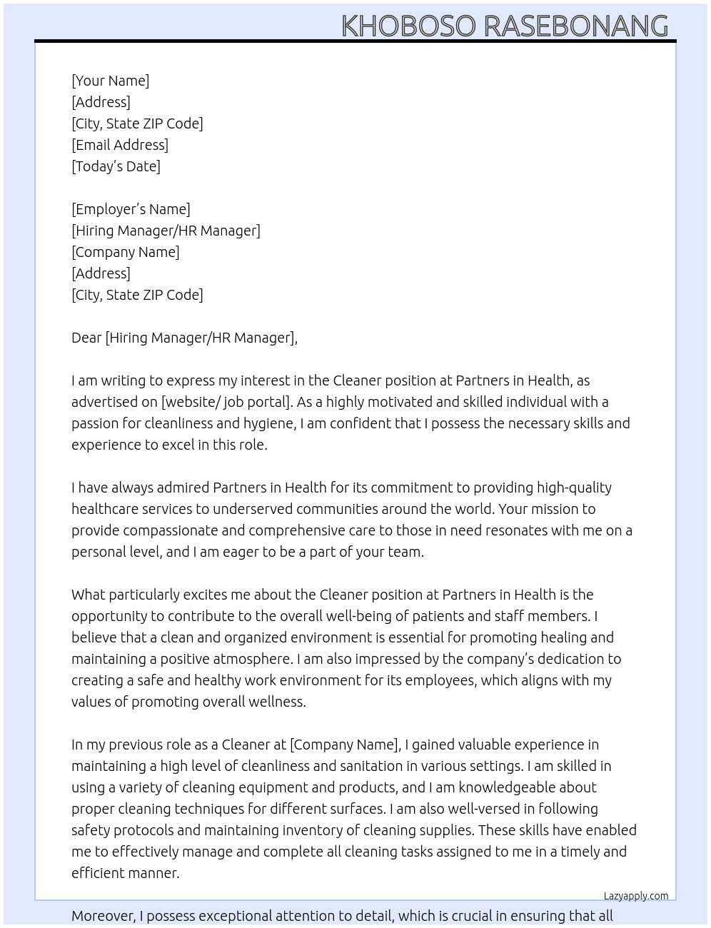 Cleaner At Partners in health  Cover Letter