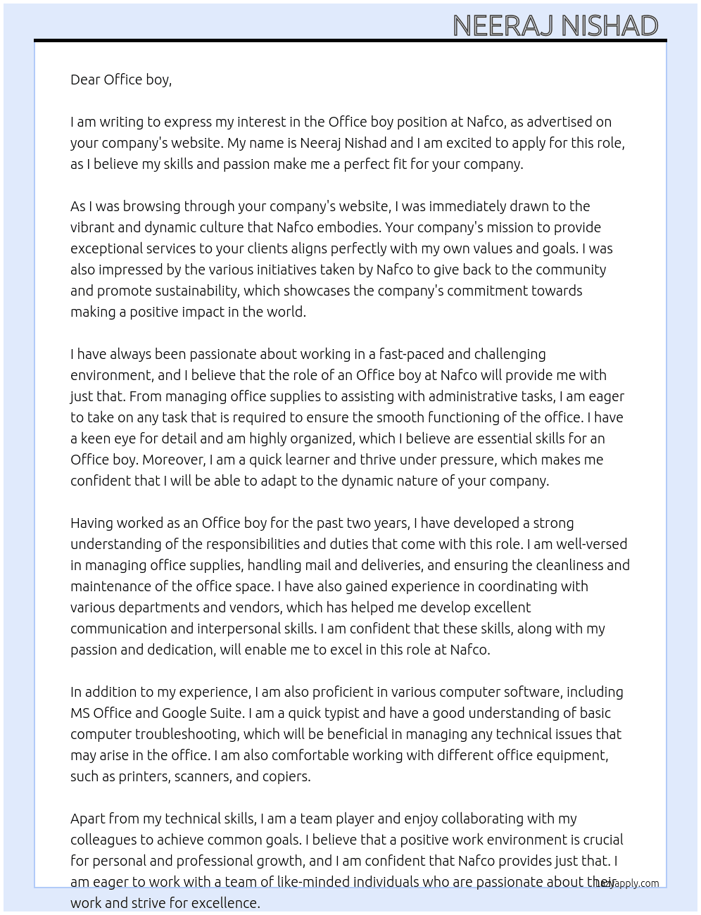 Office boy  At Nafco  Cover Letter