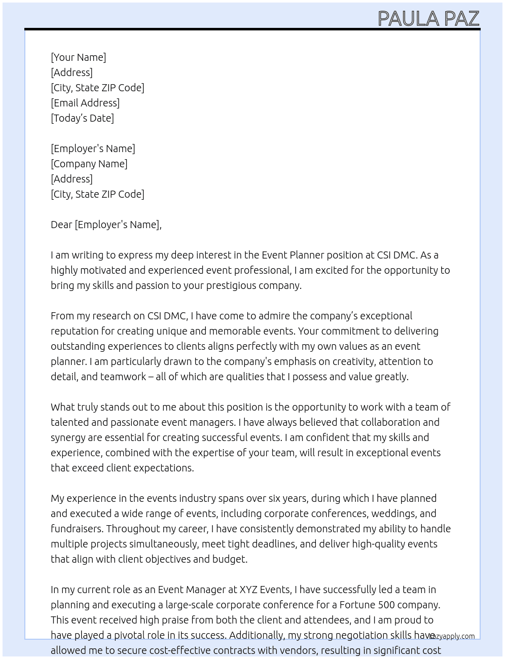 Event Planner At CSI DMC Cover Letter